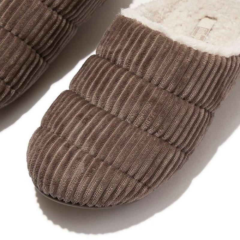 FitFlop Chrissie Biofleece Lined Corduroy Women's Slippers Grey | 718RSNOWI