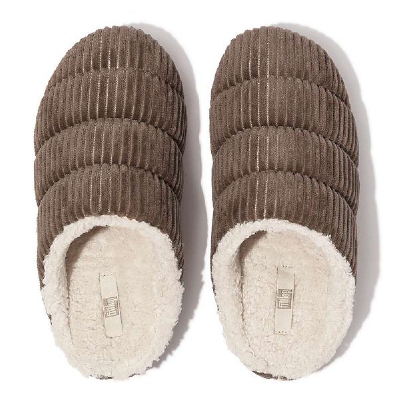 FitFlop Chrissie Biofleece Lined Corduroy Women's Slippers Grey | 718RSNOWI