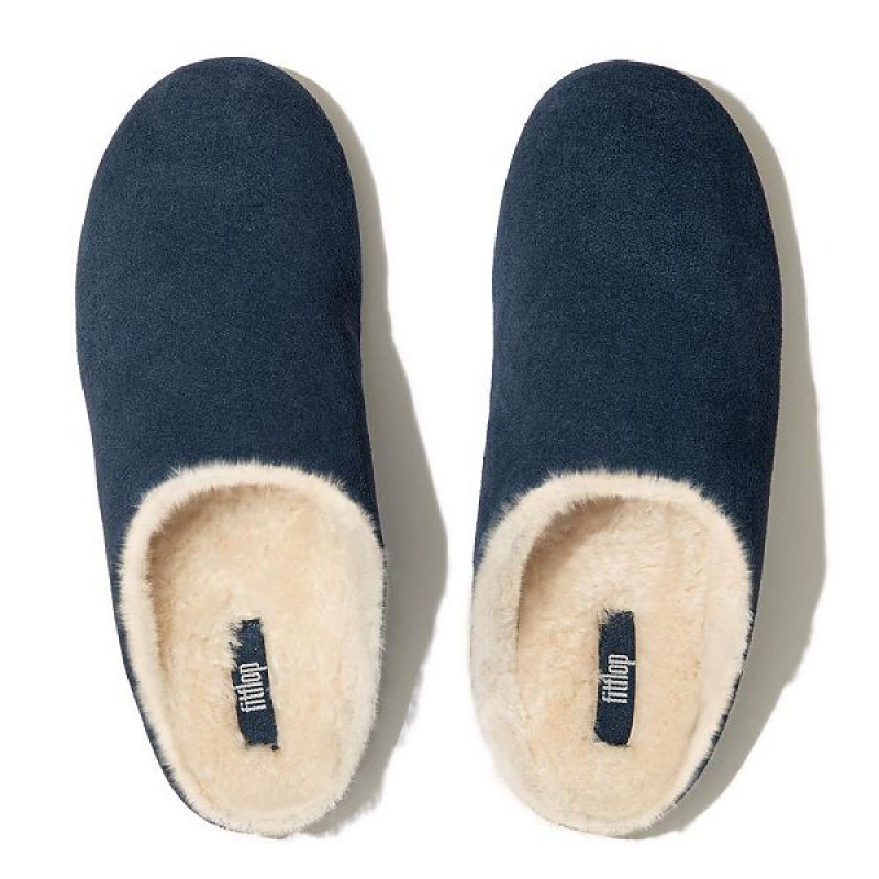 FitFlop Chrissie Shearling Suede Women's Slippers Navy | 714CUPYMQ