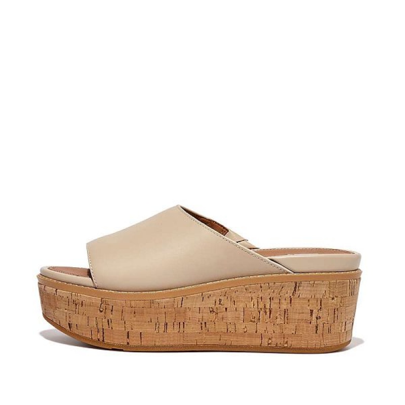 FitFlop Eloise Cork-Wrap Leather Wedge Women\'s Slides Grey / Beige | 037FSJGEQ