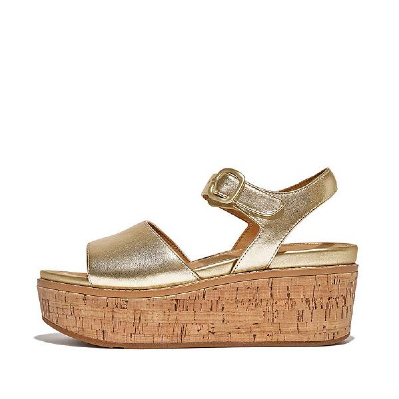 FitFlop Eloise Cork-Wrap Metallic Leather Back-Strap Wedge Women\'s Sandals Brown / Gold | 103CKWFLS