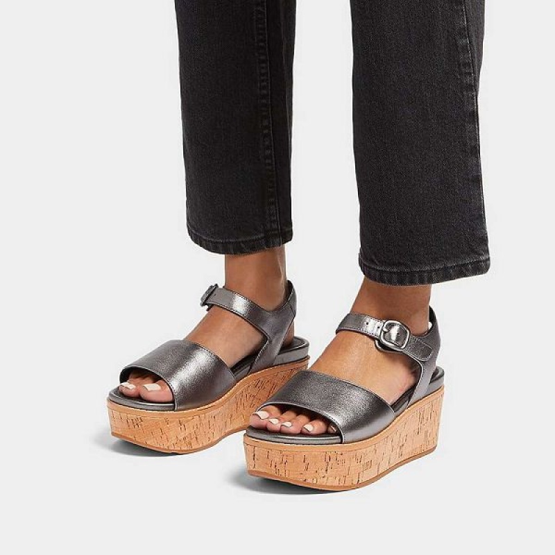 FitFlop Eloise Cork-Wrap Metallic Leather Back-Strap Wedge Women's Sandals Blue / Grey | 290HITSKO