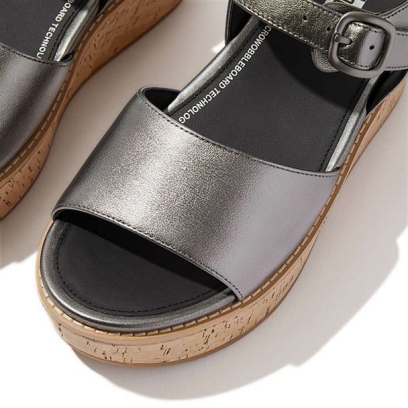 FitFlop Eloise Cork-Wrap Metallic Leather Back-Strap Wedge Women's Sandals Blue / Grey | 290HITSKO