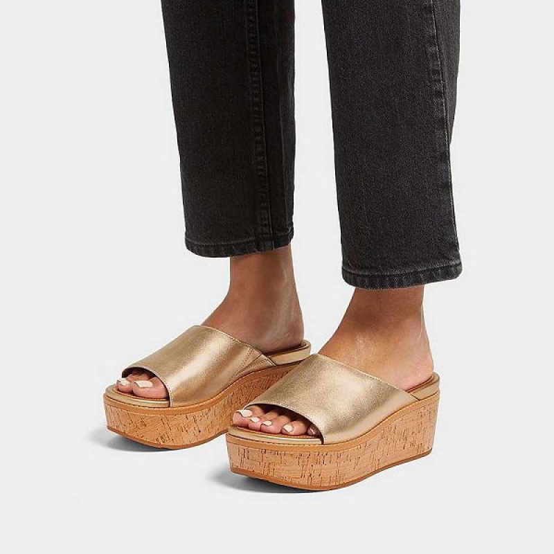 FitFlop Eloise Cork-Wrap Metallic Leather Wedge Women's Slides Brown / Gold | 048TOEJKP