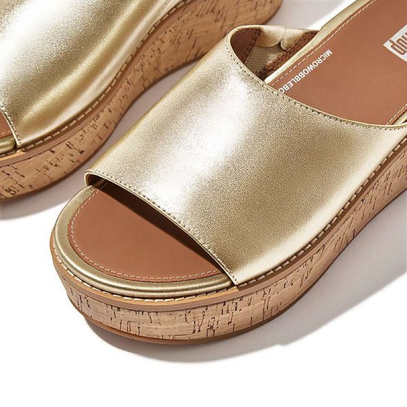 FitFlop Eloise Cork-Wrap Metallic Leather Wedge Women's Slides Brown / Gold | 048TOEJKP