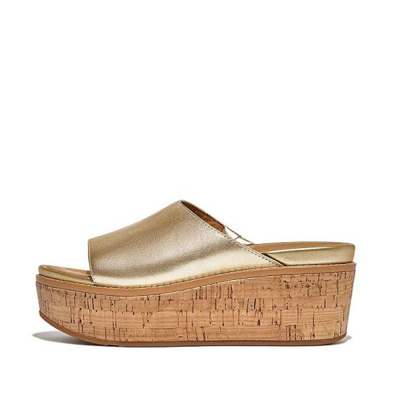 FitFlop Eloise Cork-Wrap Metallic Leather Wedge Women\'s Slides Brown / Gold | 048TOEJKP