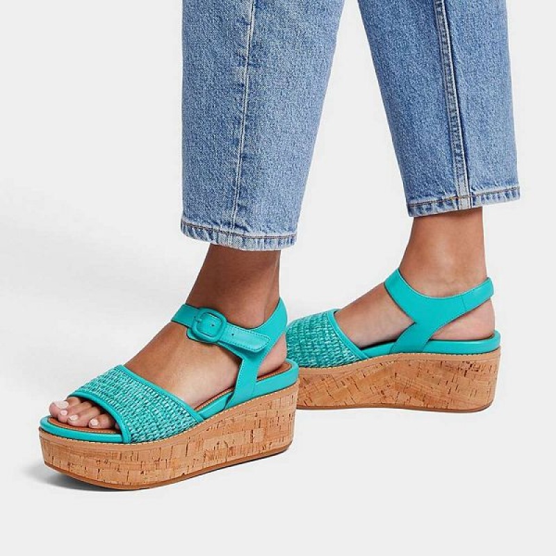 FitFlop Eloise Cork-Wrap Woven Back-Strap Wedge Women's Sandals Blue / White | 502KNZVIA