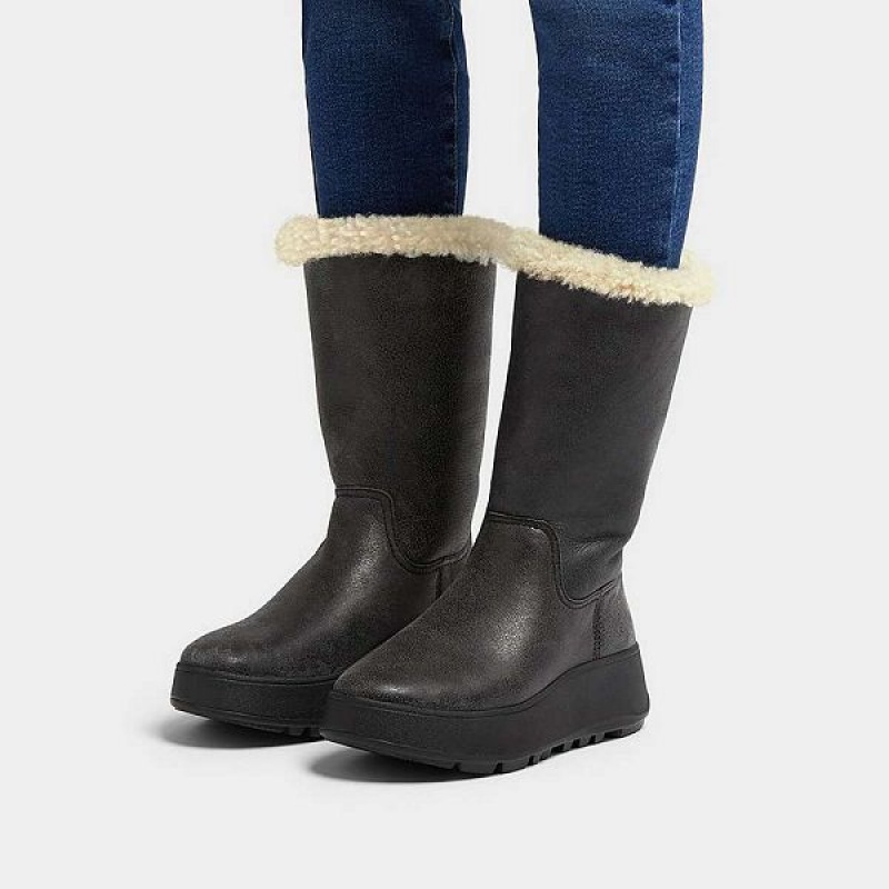 FitFlop F-Mode Double Faced Shearling Leather Flatform Women's Calf Boots Black | 604SZPBCL