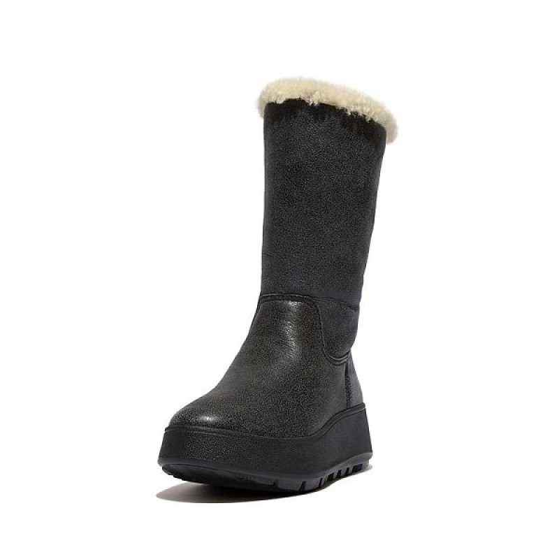 FitFlop F-Mode Double Faced Shearling Leather Flatform Women's Calf Boots Black | 604SZPBCL