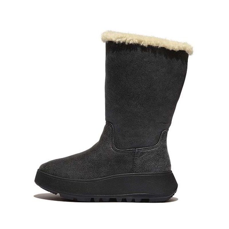 FitFlop F-Mode Double Faced Shearling Leather Flatform Women\'s Calf Boots Black | 604SZPBCL