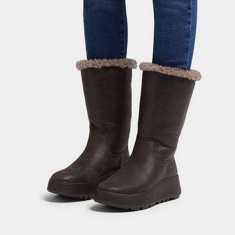 FitFlop F-Mode Double Faced Shearling Leather Flatform Women's Calf Boots Chocolate | 413BPHQWL