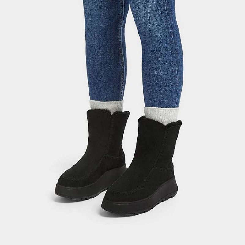 FitFlop F-Mode Double Faced Shearling Women's Flatform Boots Black | 079IPAERT