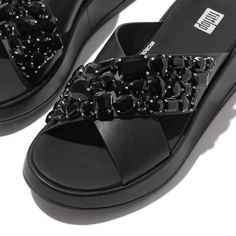 FitFlop F-Mode Jewel Deluxe Leather Flatform Cross Women's Slides Black | 480SRTOLH