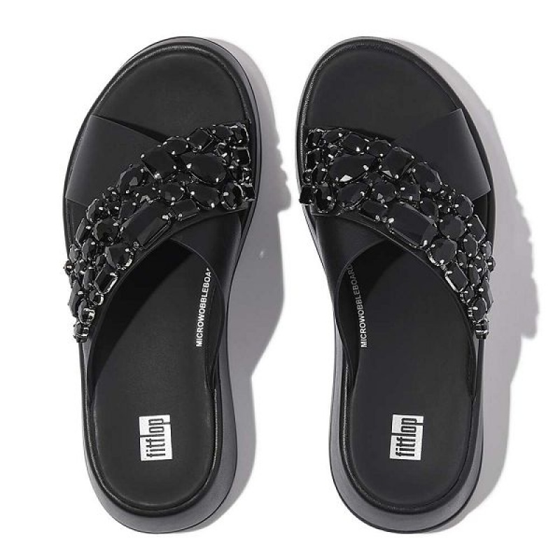 FitFlop F-Mode Jewel Deluxe Leather Flatform Cross Women's Slides Black | 480SRTOLH