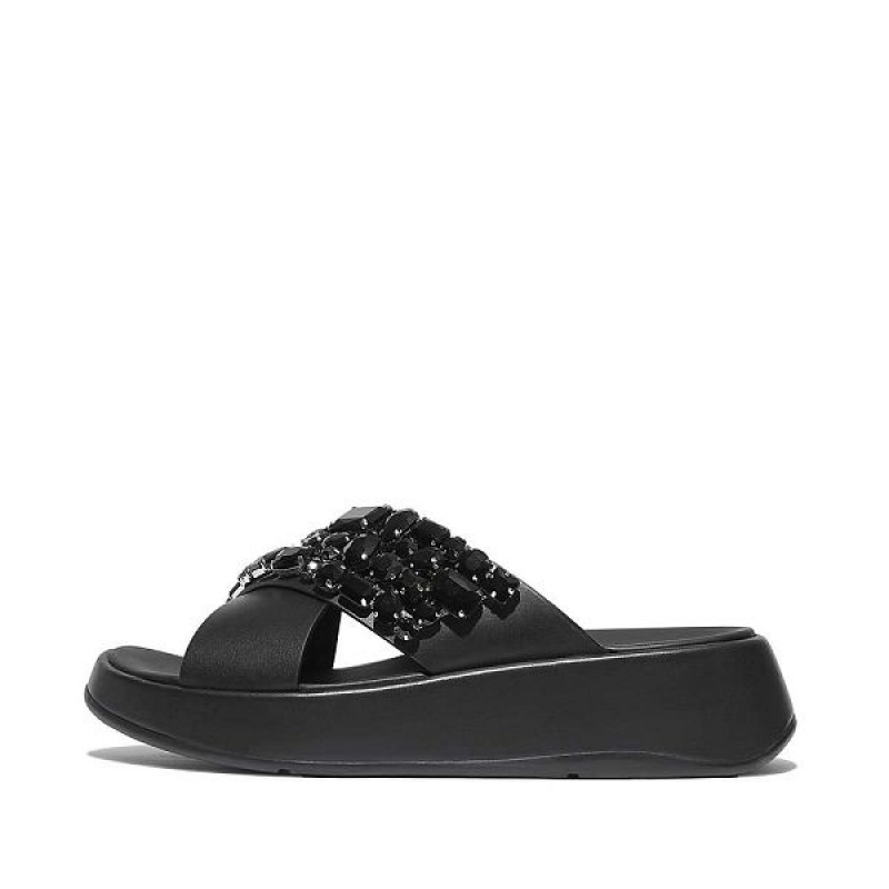 FitFlop F-Mode Jewel Deluxe Leather Flatform Cross Women\'s Slides Black | 480SRTOLH