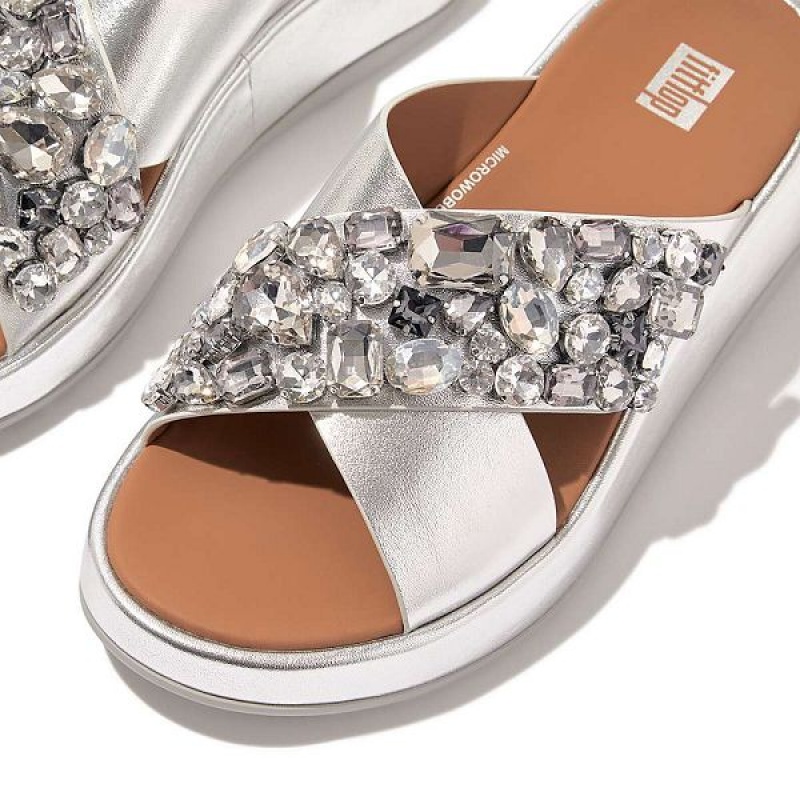 FitFlop F-Mode Jewel Deluxe Metallic Leather Flatform Cross Women's Slides Silver | 023QGTRXM