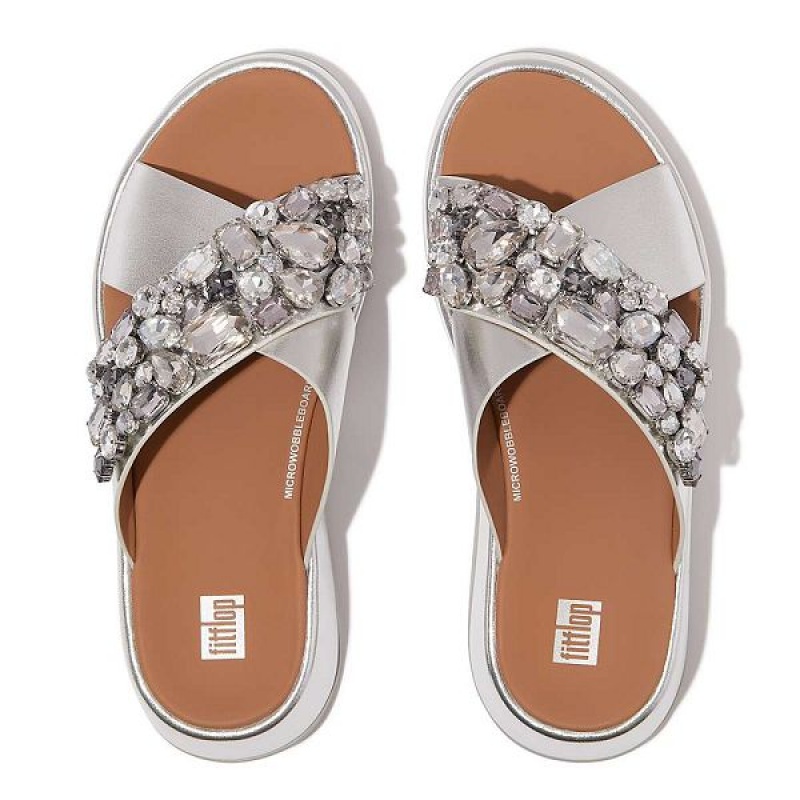 FitFlop F-Mode Jewel Deluxe Metallic Leather Flatform Cross Women's Slides Silver | 023QGTRXM