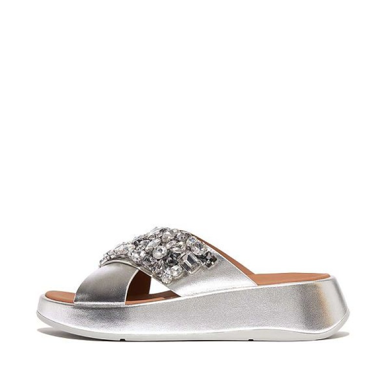 FitFlop F-Mode Jewel Deluxe Metallic Leather Flatform Cross Women\'s Slides Silver | 023QGTRXM