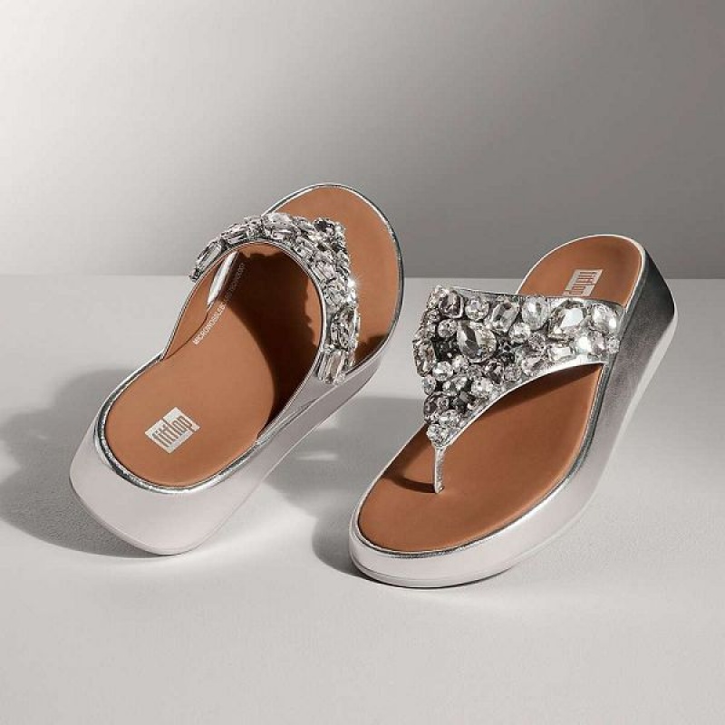 FitFlop F-Mode Jewel Deluxe Metallic Leather Flatform Toe-Post Women's Sandals Silver | 902PRFKJX