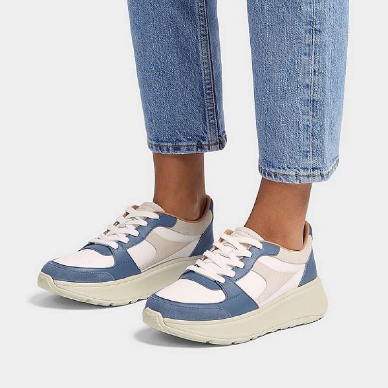 FitFlop F-Mode Leather-Mix Flatform Women's Sneakers Blue | 895QWFEGR