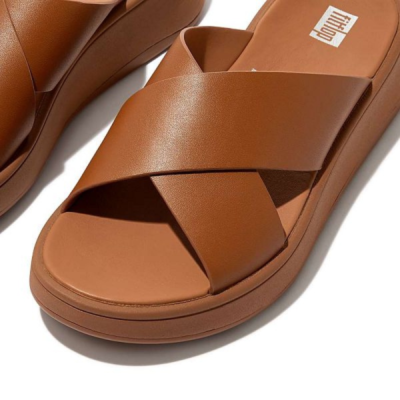 FitFlop F-Mode Leather Flatform Cross Women's Slides Light Brown | 916QMHUCS