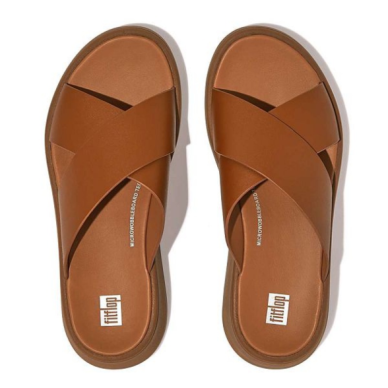 FitFlop F-Mode Leather Flatform Cross Women's Slides Light Brown | 916QMHUCS