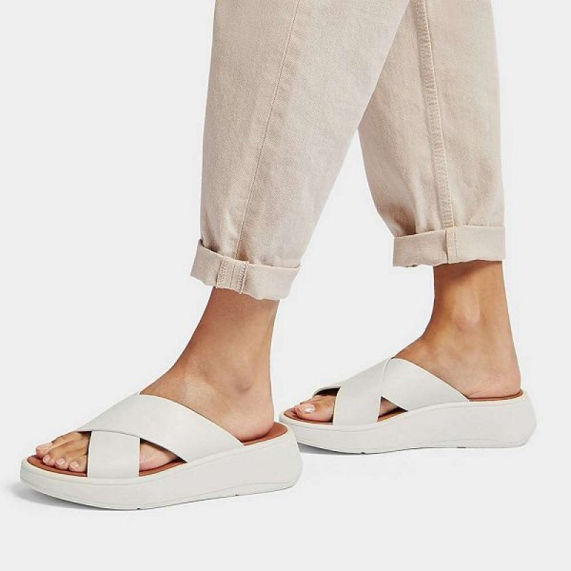 FitFlop F-Mode Leather Flatform Cross Women's Slides Cream | 742KXDZQT