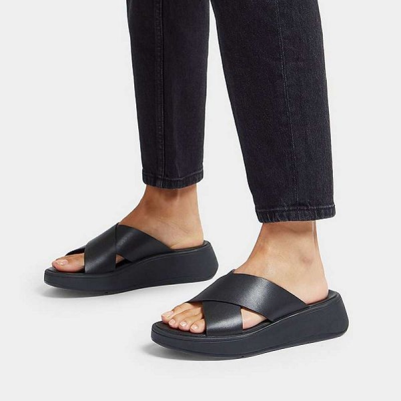 FitFlop F-Mode Leather Flatform Cross Women's Slides Black | 182TVXWNG