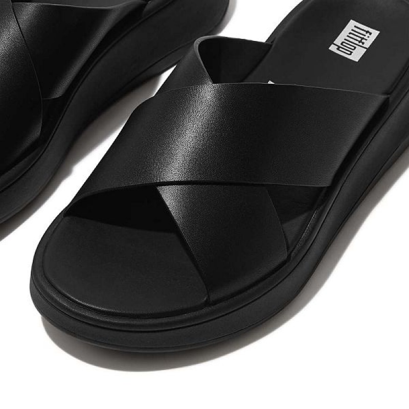 FitFlop F-Mode Leather Flatform Cross Women's Slides Black | 182TVXWNG