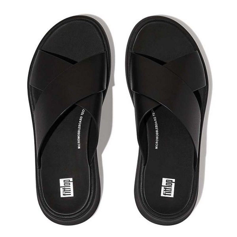 FitFlop F-Mode Leather Flatform Cross Women's Slides Black | 182TVXWNG