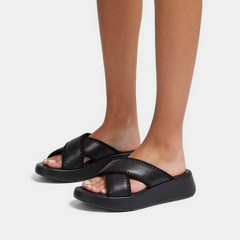 FitFlop F-Mode Leather Flatform Cross Women's Slides Black | 051XELWTU