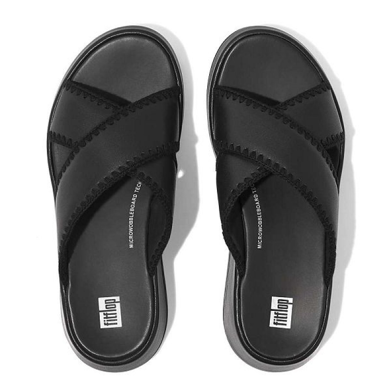 FitFlop F-Mode Leather Flatform Cross Women's Slides Black | 051XELWTU