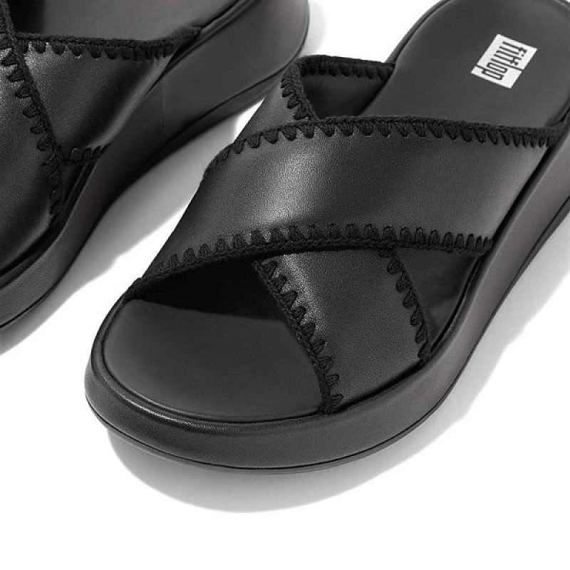 FitFlop F-Mode Leather Flatform Cross Women's Slides Black | 051XELWTU