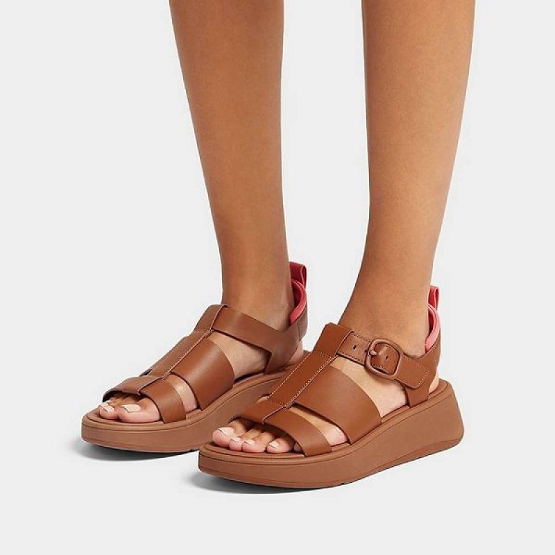 FitFlop F-Mode Leather Flatform Fisherman Women's Sandals Light Brown / Coral | 904LJQOXK