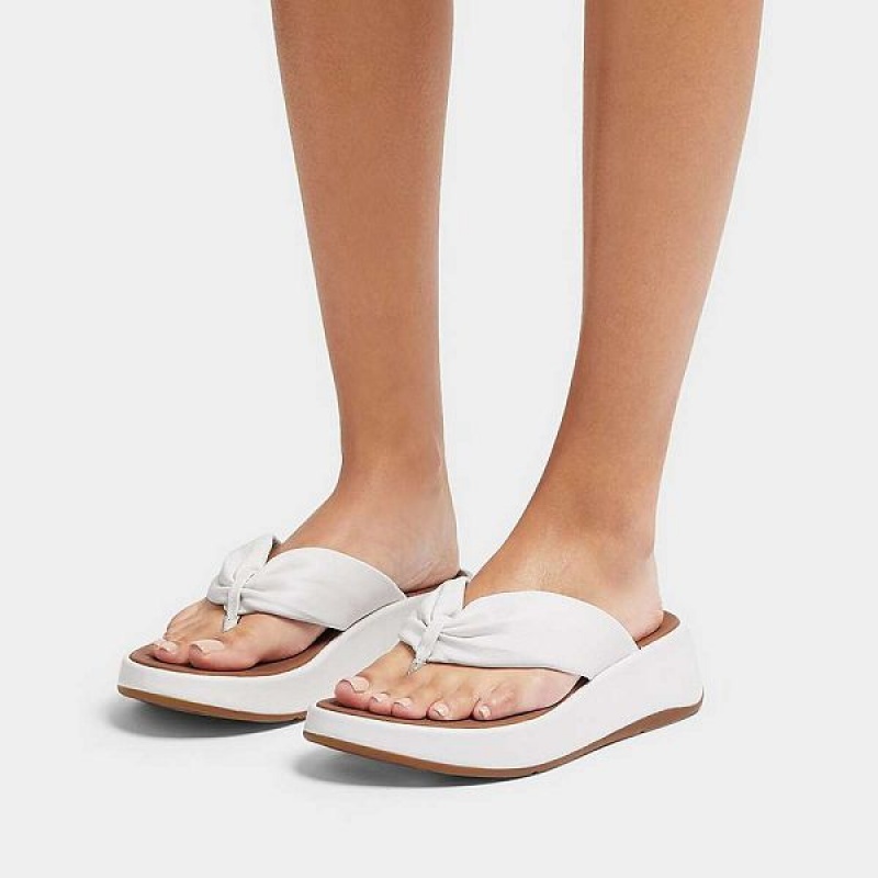 FitFlop F-Mode Leather Twist Flatform Toe-Post Women's Sandals White | 089VGMEQT