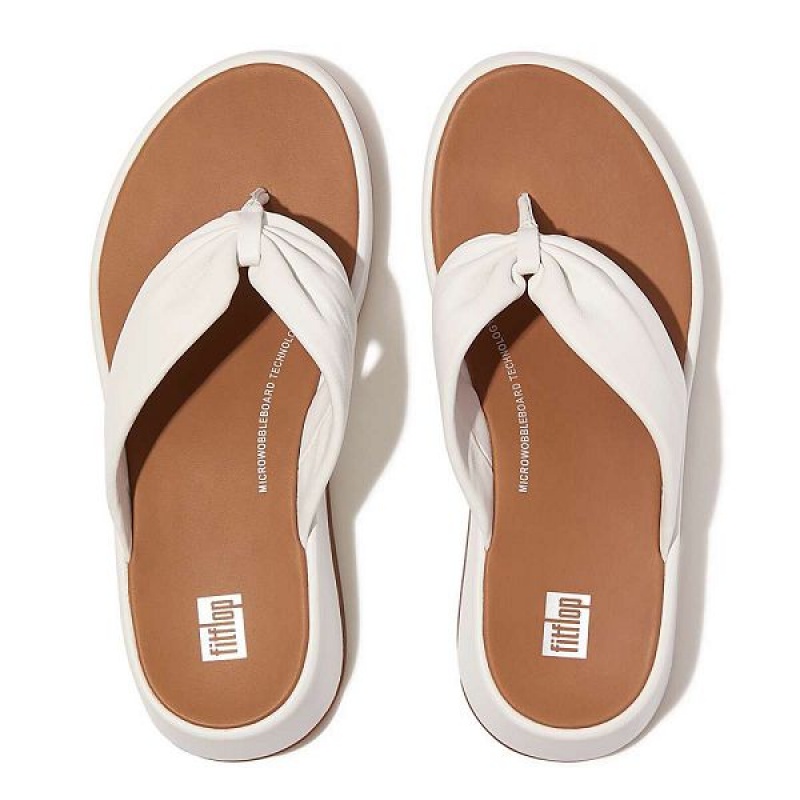 FitFlop F-Mode Leather Twist Flatform Toe-Post Women's Sandals White | 089VGMEQT