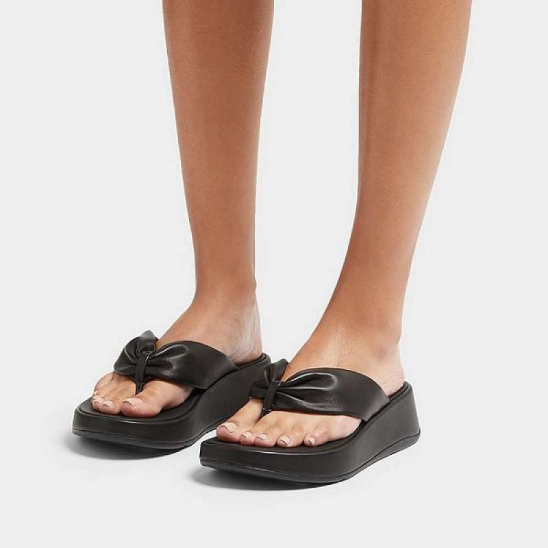 FitFlop F-Mode Leather Twist Flatform Toe-Post Women's Sandals Black | 186VYPUNX