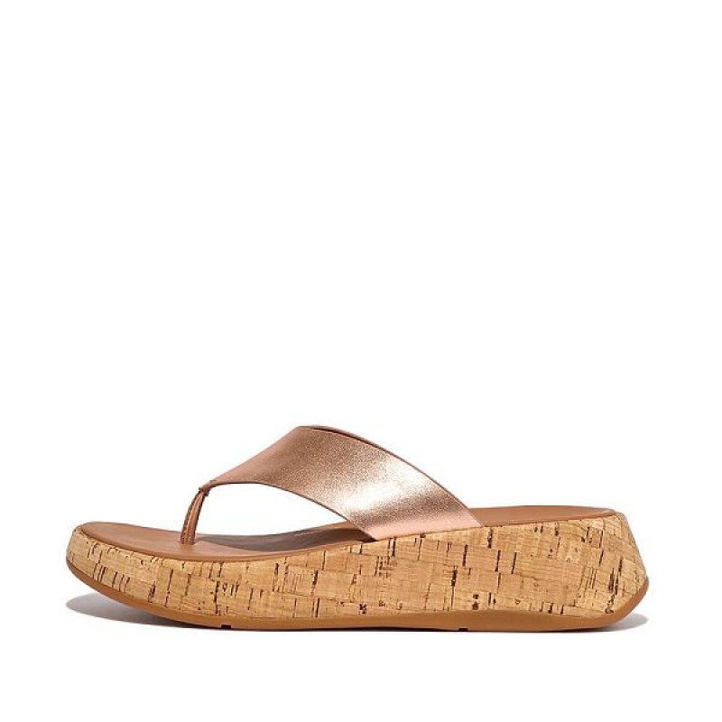 FitFlop F-Mode Metallic Leather Cork Flatform Toe-Post Women\'s Sandals Rose Gold | 372VLDKFZ