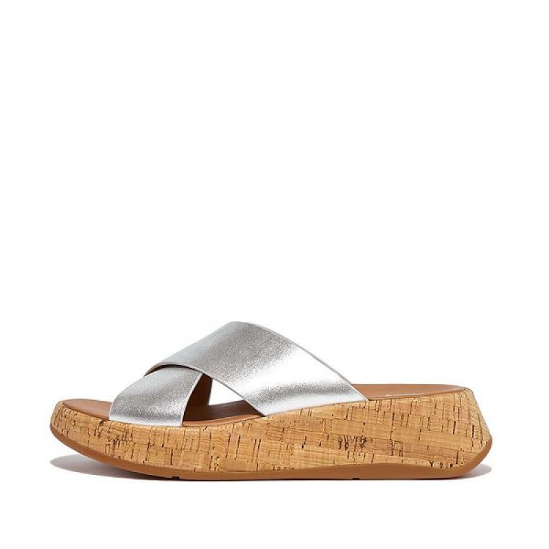 FitFlop F-Mode Metallic Leather Cork Flatform Cross Women\'s Slides Silver | 308MWTAZY