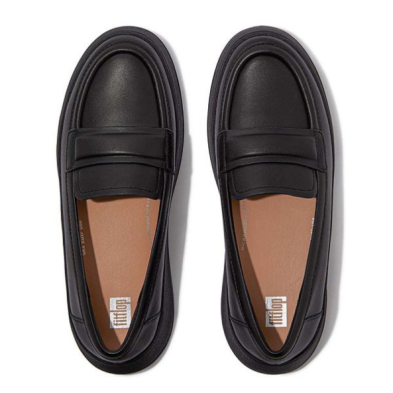 FitFlop F-Mode Padded Detail Leather Flatform Loafers Women's Loafers Black | 251CNJXKZ