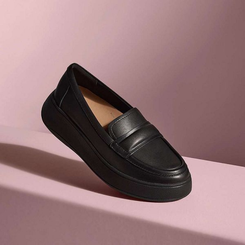 FitFlop F-Mode Padded Detail Leather Flatform Loafers Women's Loafers Black | 251CNJXKZ