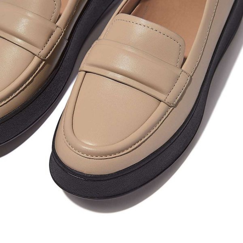 FitFlop F-Mode Padded Detail Leather Flatform Loafers Women's Loafers Beige / Black | 641PETKQL