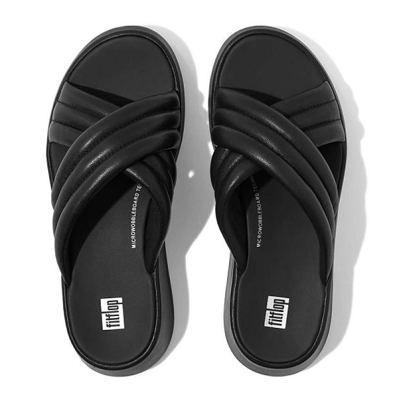 FitFlop F-Mode Padded Leather Flatform Cross Women's Slides Black | 156ZRAJSB