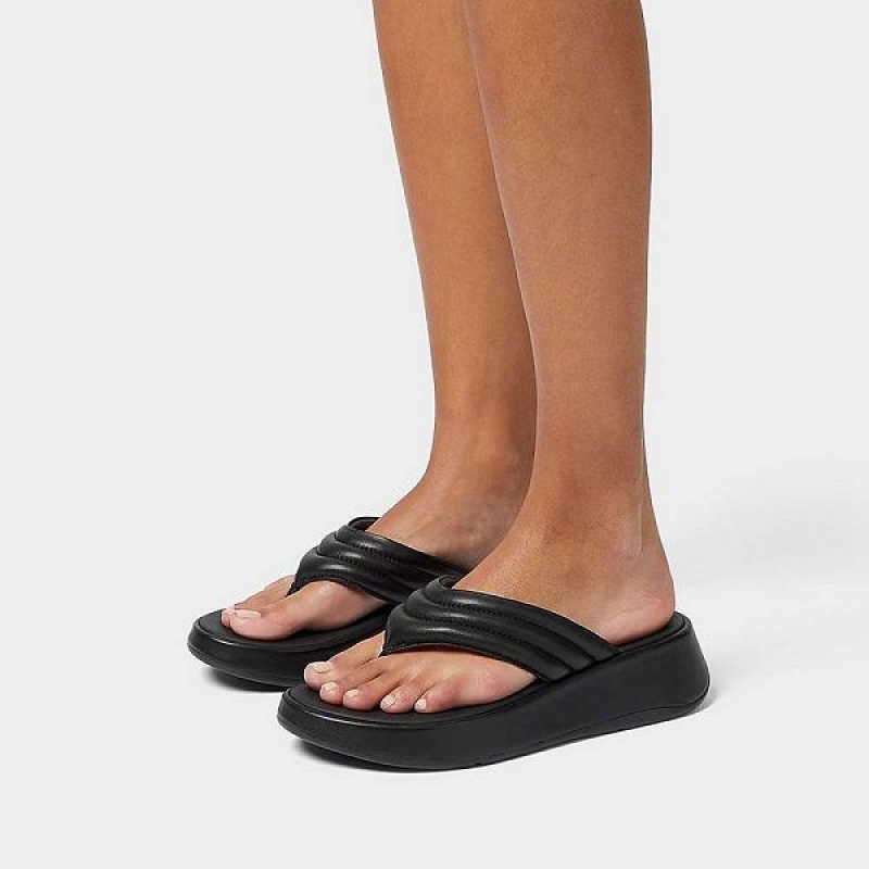 FitFlop F-Mode Padded Leather Flatform Toe-Post Women's Sandals Black | 510UYRIPH