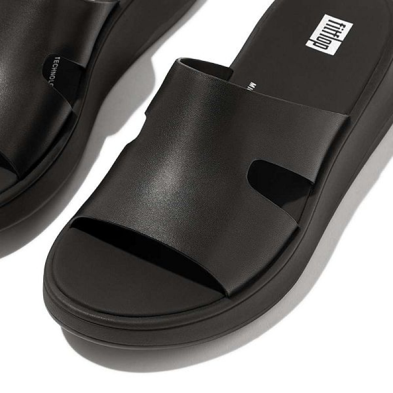 FitFlop F-Mode Raw Edge Leather Flatform H Bar Women's Slides Black | 256FSBKQL