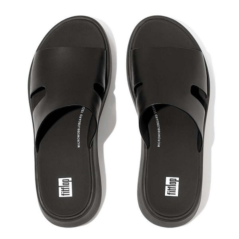 FitFlop F-Mode Raw Edge Leather Flatform H Bar Women's Slides Black | 256FSBKQL