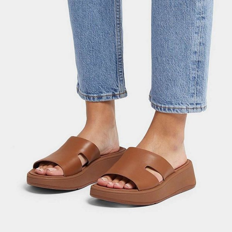 FitFlop F-Mode Raw Edge Leather Flatform H Bar Women's Slides Light Brown | 289CGJXLU