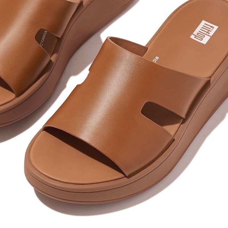 FitFlop F-Mode Raw Edge Leather Flatform H Bar Women's Slides Light Brown | 289CGJXLU