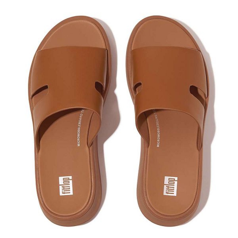 FitFlop F-Mode Raw Edge Leather Flatform H Bar Women's Slides Light Brown | 289CGJXLU