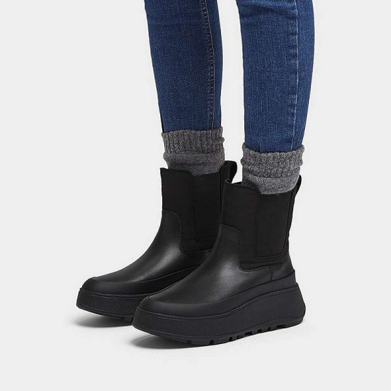 FitFlop F-Mode Water Resistant Fabric Leather Flatform Women's Chelsea Boots Black | 754LNHWAS